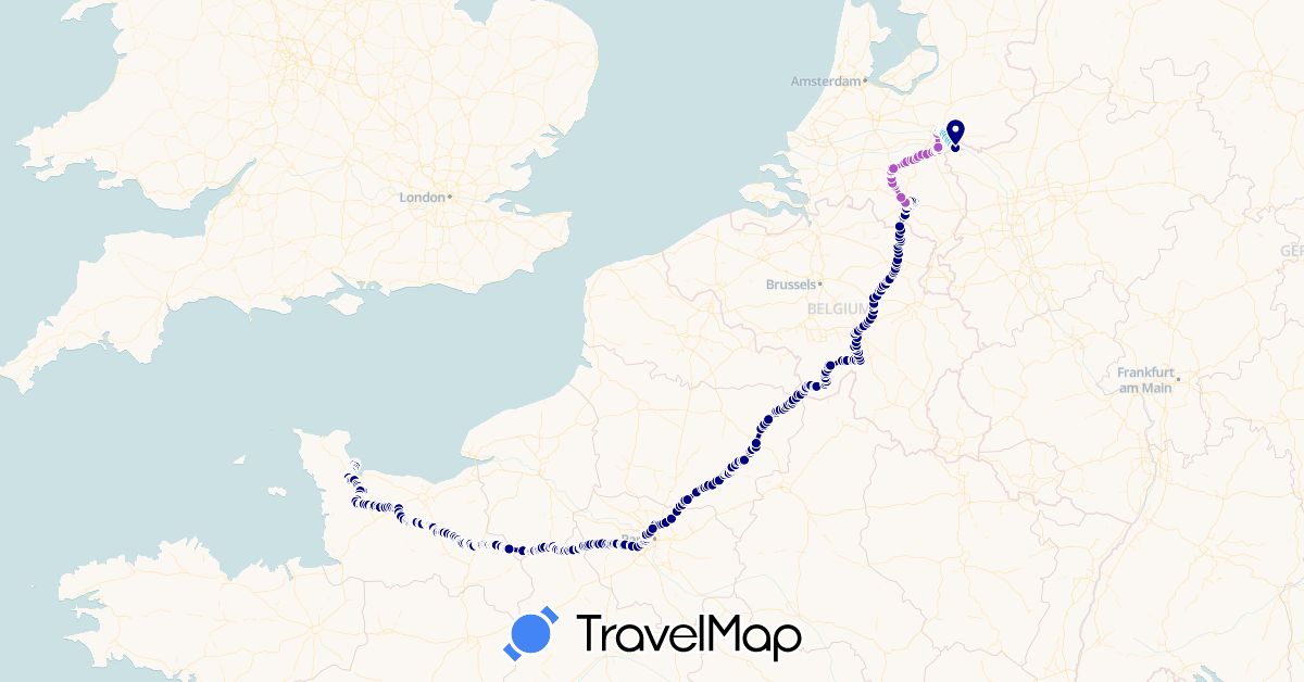 TravelMap itinerary: driving, train, hiking, boat, electric vehicle in Belgium, Germany, France, Netherlands (Europe)